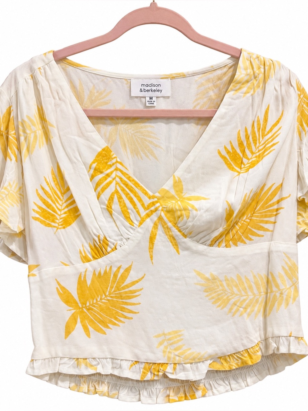 Madison & Berkeley Anaya Flutter Sleeve Crop Top Yellow Leaf Print M NWT